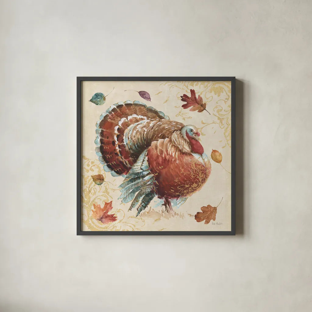 Harvest Moment Turkey by Lisa Audit. Shown in a sleek black glass frame for a contemporary gallery look. Available as an archival giclee rolled canvas, fine art paper, or poster print. SKU 94123a.
