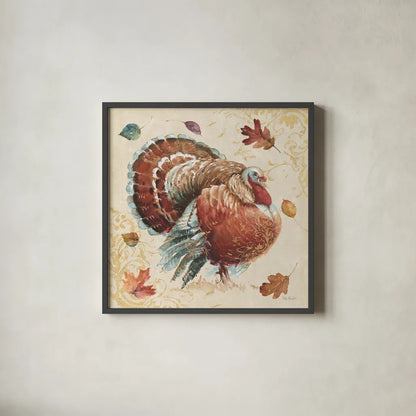 Harvest Moment Turkey by Lisa Audit. Shown in a sleek black glass frame for a contemporary gallery look. Available as an archival giclee rolled canvas, fine art paper, or poster print. SKU 94123a.