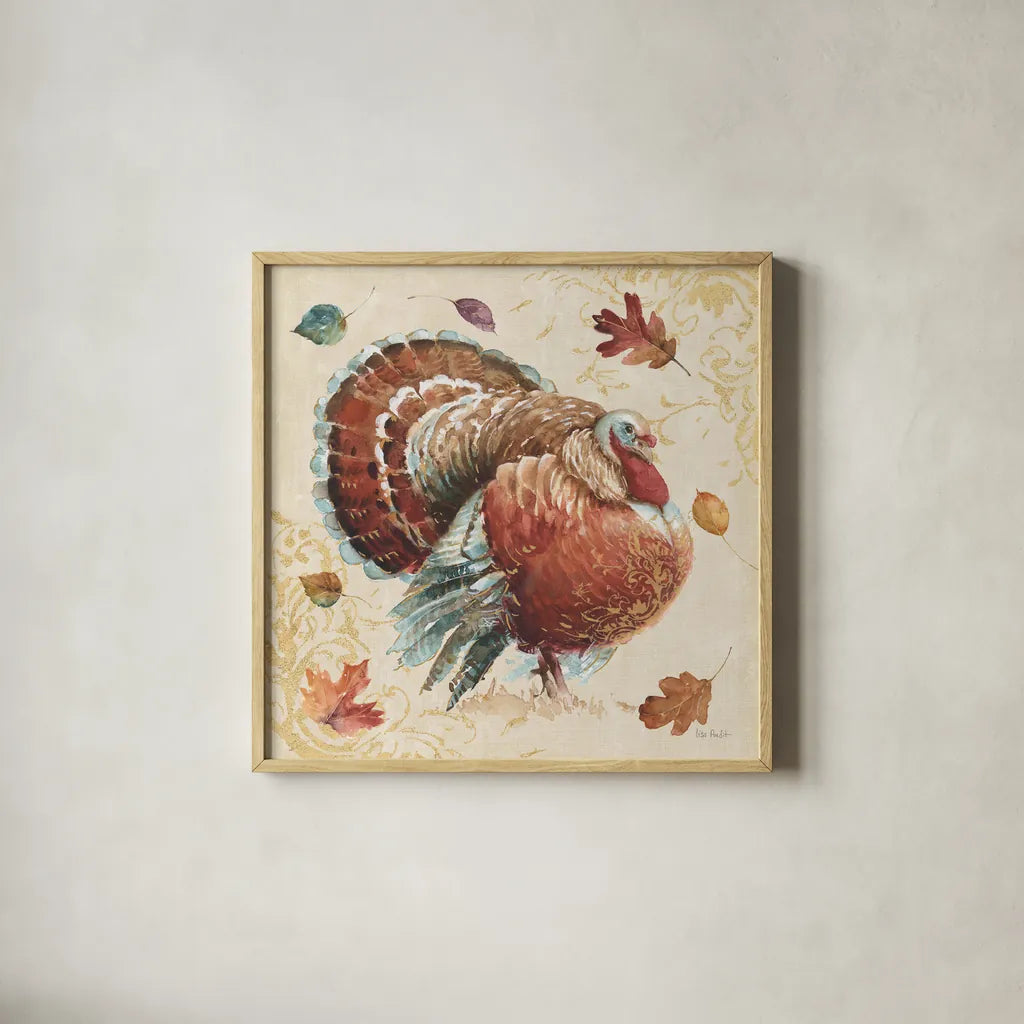 Harvest Moment Turkey by Lisa Audit. Shown in a natural wood glass frame for a timeless modern aesthetic. Available as an archival giclee rolled canvas, fine art paper, or poster print. SKU 94123a.