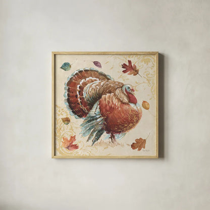 Harvest Moment Turkey by Lisa Audit. Shown in a natural wood glass frame for a timeless modern aesthetic. Available as an archival giclee rolled canvas, fine art paper, or poster print. SKU 94123a.