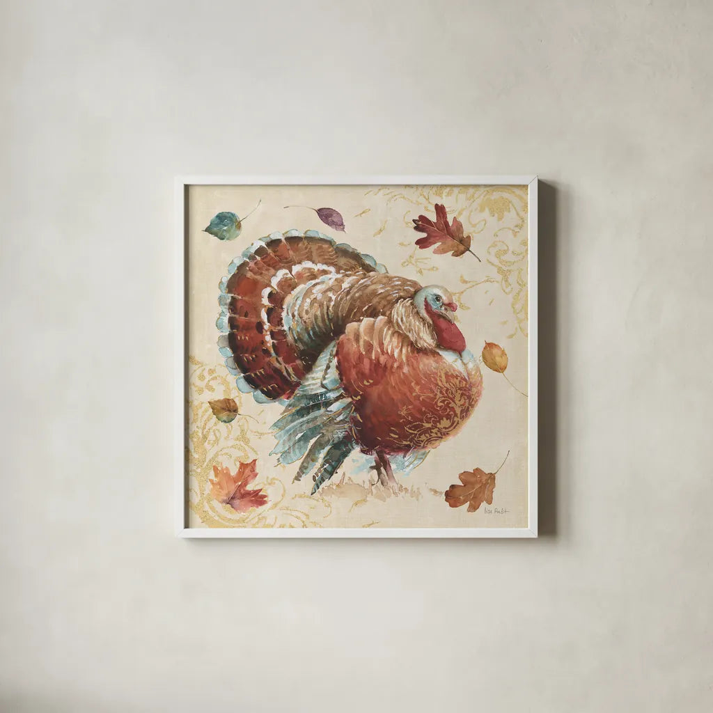 Harvest Moment Turkey by Lisa Audit. Shown in a crisp white glass frame for a clean and minimalist style. Available as an archival giclee rolled canvas, fine art paper, or poster print. SKU 94123a.