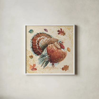 Harvest Moment Turkey by Lisa Audit. Shown in a crisp white glass frame for a clean and minimalist style. Available as an archival giclee rolled canvas, fine art paper, or poster print. SKU 94123a.