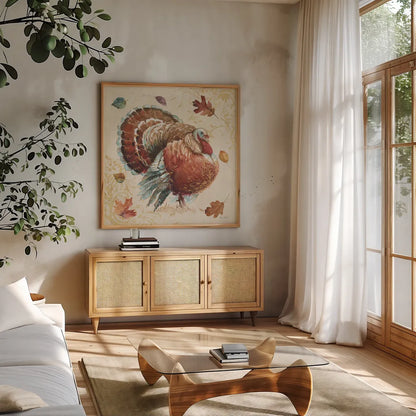 Harvest Moment Turkey by Lisa Audit. Shown in a natural wood frame in a cozy modern living room. Available as an archival giclee rolled canvas, fine art paper, or poster print. SKU 94123a.