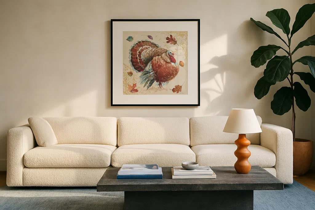 Harvest Moment Turkey by Lisa Audit. Displayed in a glass frame with matte in a clean modern living room. Available as an archival giclee rolled canvas, fine art paper, or poster print. SKU 94123a.