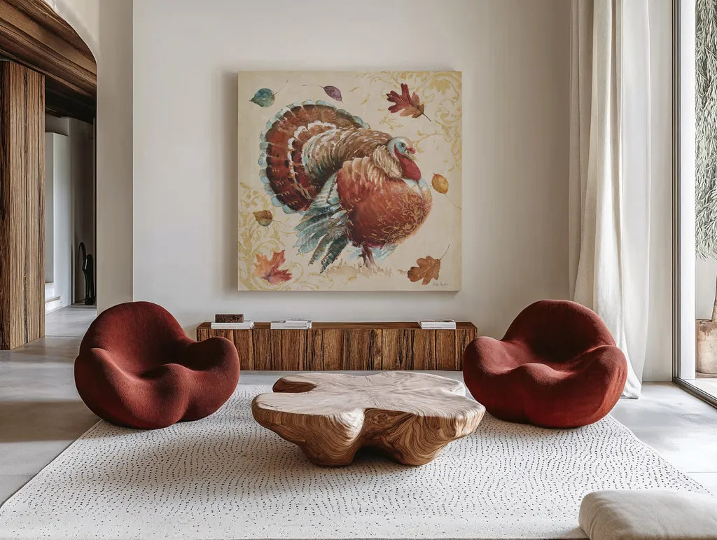 Harvest Moment Turkey by Lisa Audit. Shown as extra-large giant wall art in a modern living room. Available as an archival giclee rolled canvas, fine art paper, or poster print. SKU 94123a.