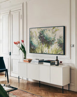 Hydrangea Field by Lisa Audit. shown as a framed stretched canvas in a living room above a console. Available as a archival giclee rolled canvas, fine art paper, or poster print. SKU 12132i.