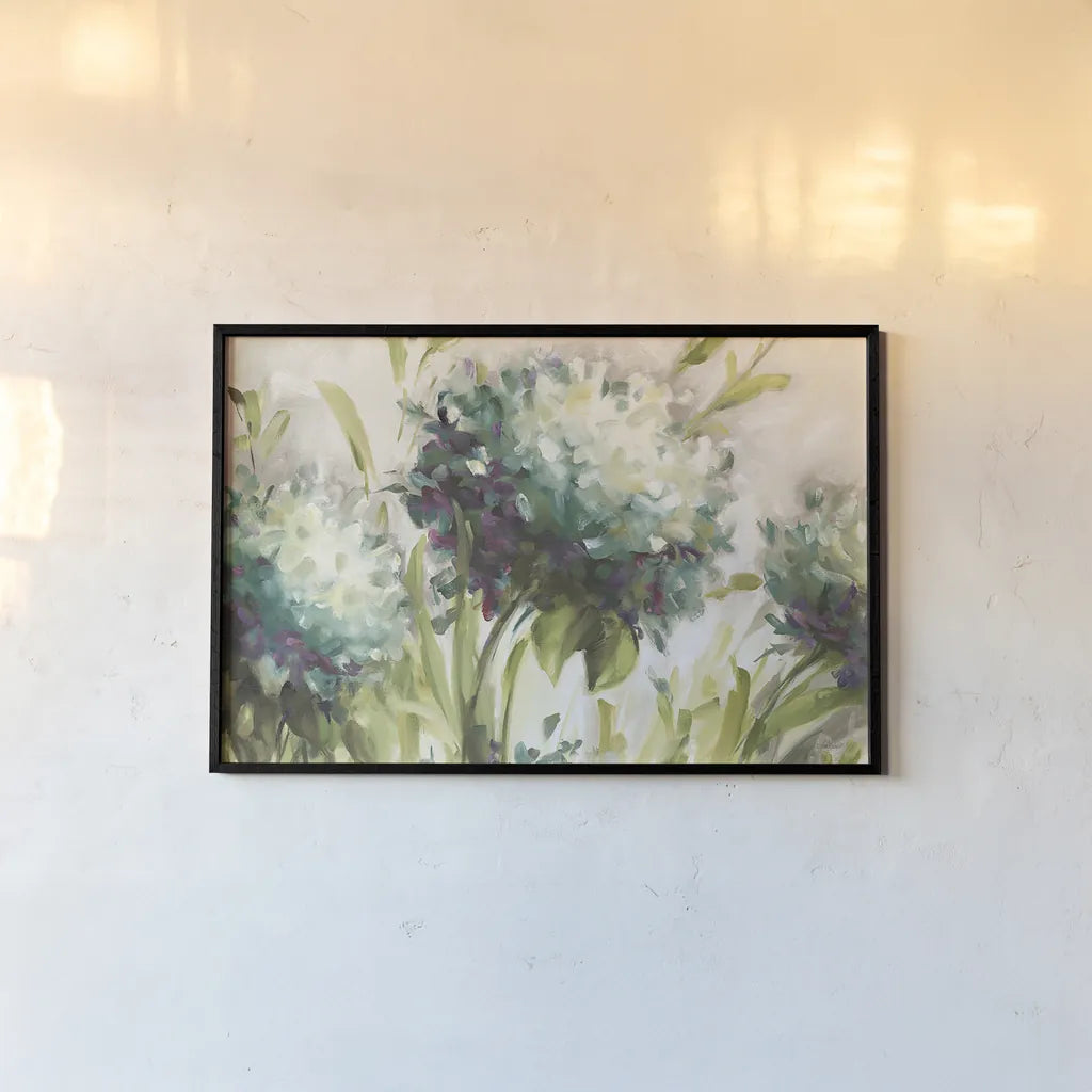 Hydrangea Field by Lisa Audit. shown as a paper print in a black flame. Available as a archival giclee rolled canvas, fine art paper, or poster print. SKU 12132i.