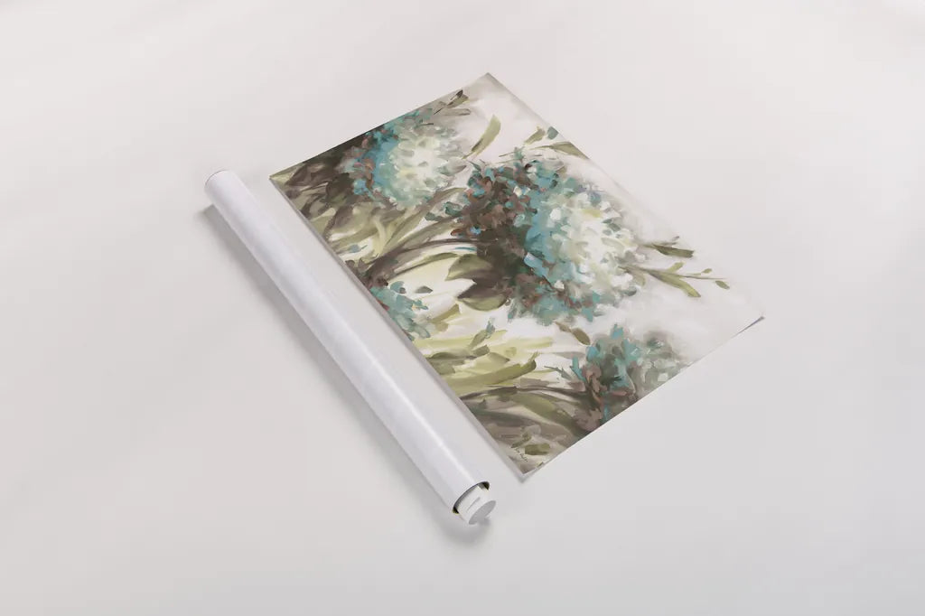 Hydrangea Field Neutral by Lisa Audit. shown as a rolled paper print. Available as archival giclee rolled canvas, fine art paper, or poster print. SKU 46875i.