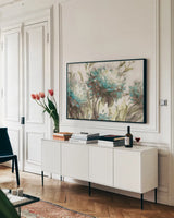 Hydrangea Field Neutral by Lisa Audit. shown as a framed stretched canvas in a living room above a console. Available as a archival giclee rolled canvas, fine art paper, or poster print. SKU 46875i.