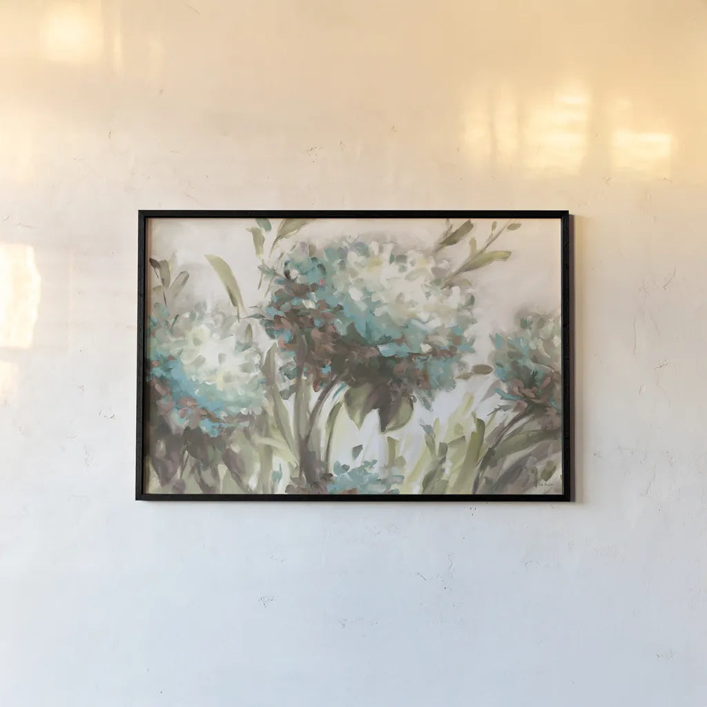 Hydrangea Field Neutral by Lisa Audit. shown as a paper print in a black flame. Available as a archival giclee rolled canvas, fine art paper, or poster print. SKU 46875i.