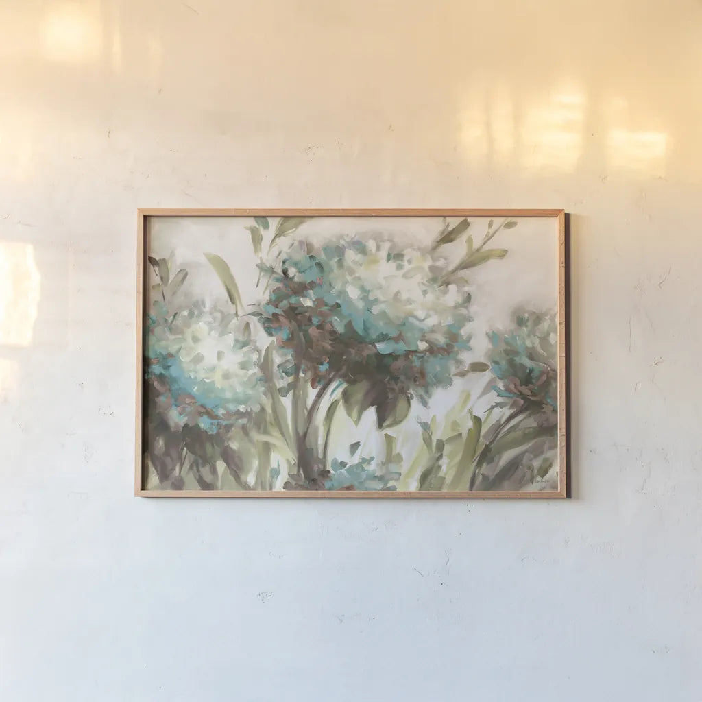 Hydrangea Field Neutral by Lisa Audit. shown as a paper print in a natural frame. Available as a archival giclee rolled canvas, fine art paper, or poster print. SKU 46875i.