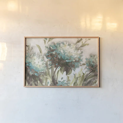 Hydrangea Field Neutral by Lisa Audit. shown as a paper print in a natural frame. Available as a archival giclee rolled canvas, fine art paper, or poster print. SKU 46875i.