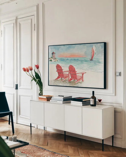 In the Moment VII by Lisa Audit. shown as a framed stretched canvas in a living room above a console. Available as a archival giclee rolled canvas, fine art paper, or poster print. SKU 20818i.