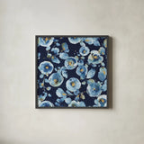 Indigold Flower Toss Indigo by Lisa Audit. Shown in a sleek black glass frame for a contemporary gallery look. Available as an archival giclee rolled canvas, fine art paper, or poster print. SKU 33664a.