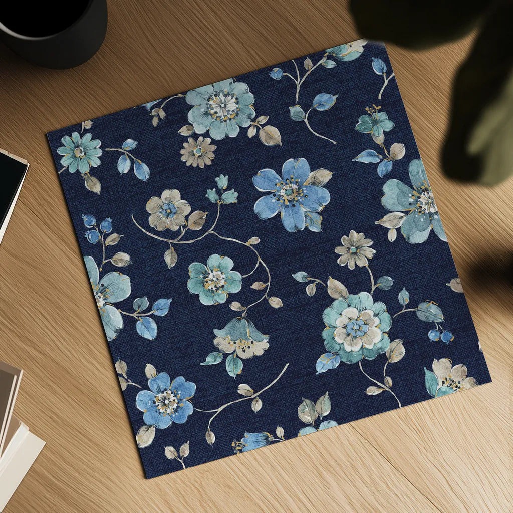 Indigold Flowers Mini trail Indigo by Lisa Audit. Shown as a detailed flat fine art print, highlighting archival giclee quality. Available as an archival giclee rolled canvas, fine art paper, or poster print. SKU 33663a.