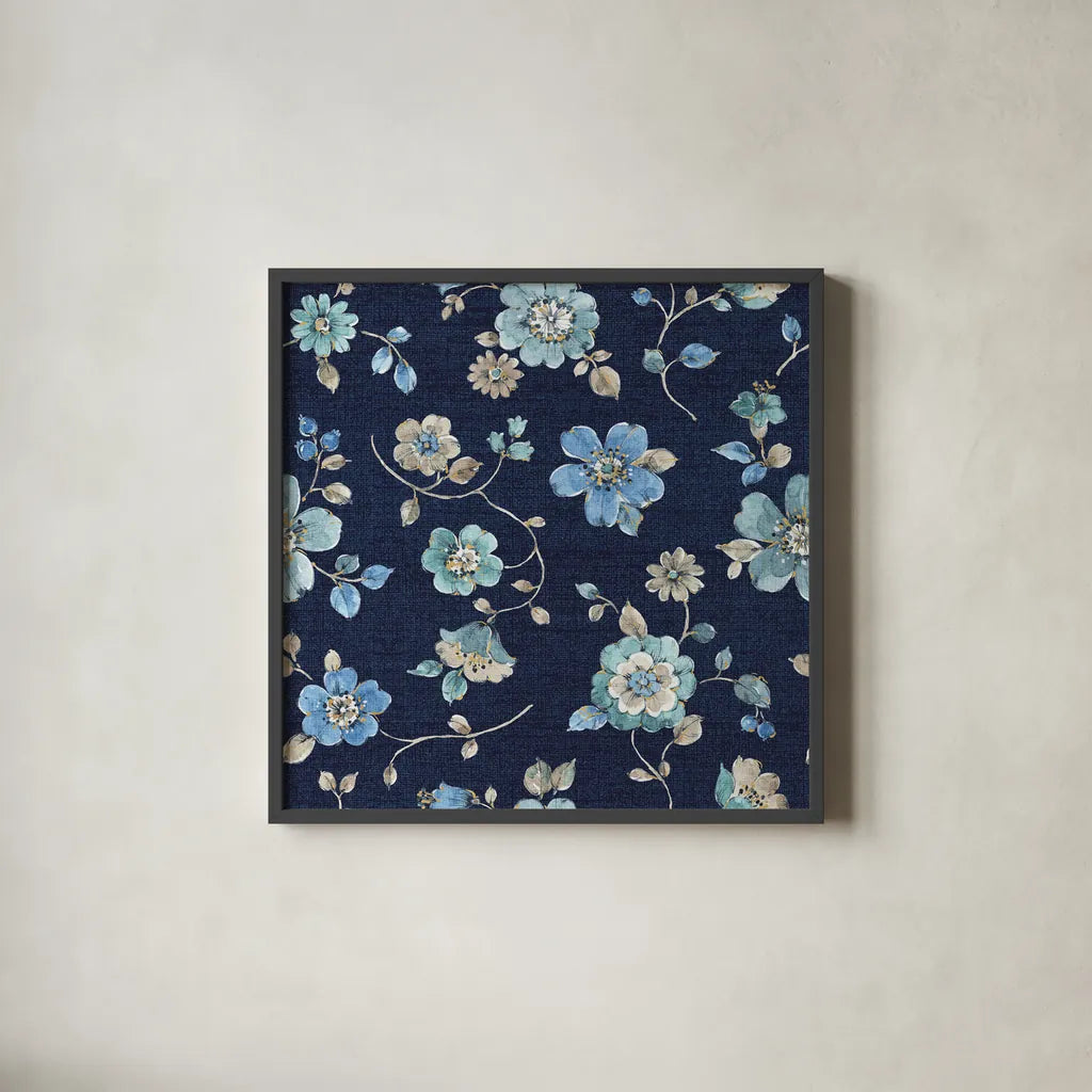 Indigold Flowers Mini trail Indigo by Lisa Audit. Shown in a sleek black glass frame for a contemporary gallery look. Available as an archival giclee rolled canvas, fine art paper, or poster print. SKU 33663a.