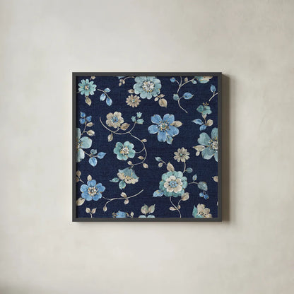 Indigold Flowers Mini trail Indigo by Lisa Audit. Shown in a sleek black glass frame for a contemporary gallery look. Available as an archival giclee rolled canvas, fine art paper, or poster print. SKU 33663a.