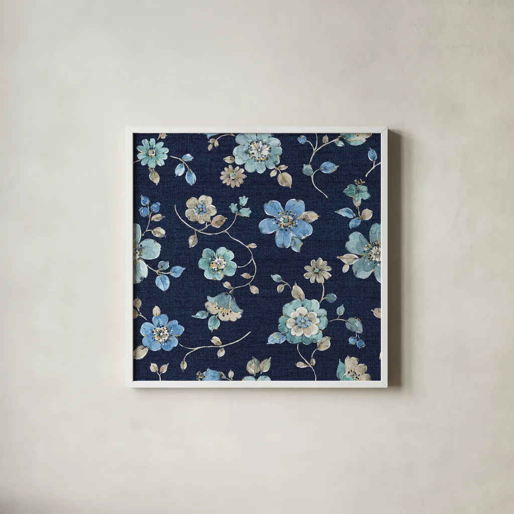 Indigold Flowers Mini trail Indigo by Lisa Audit. Shown in a crisp white glass frame for a clean and minimalist style. Available as an archival giclee rolled canvas, fine art paper, or poster print. SKU 33663a.
