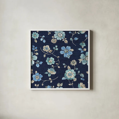 Indigold Flowers Mini trail Indigo by Lisa Audit. Shown in a crisp white glass frame for a clean and minimalist style. Available as an archival giclee rolled canvas, fine art paper, or poster print. SKU 33663a.