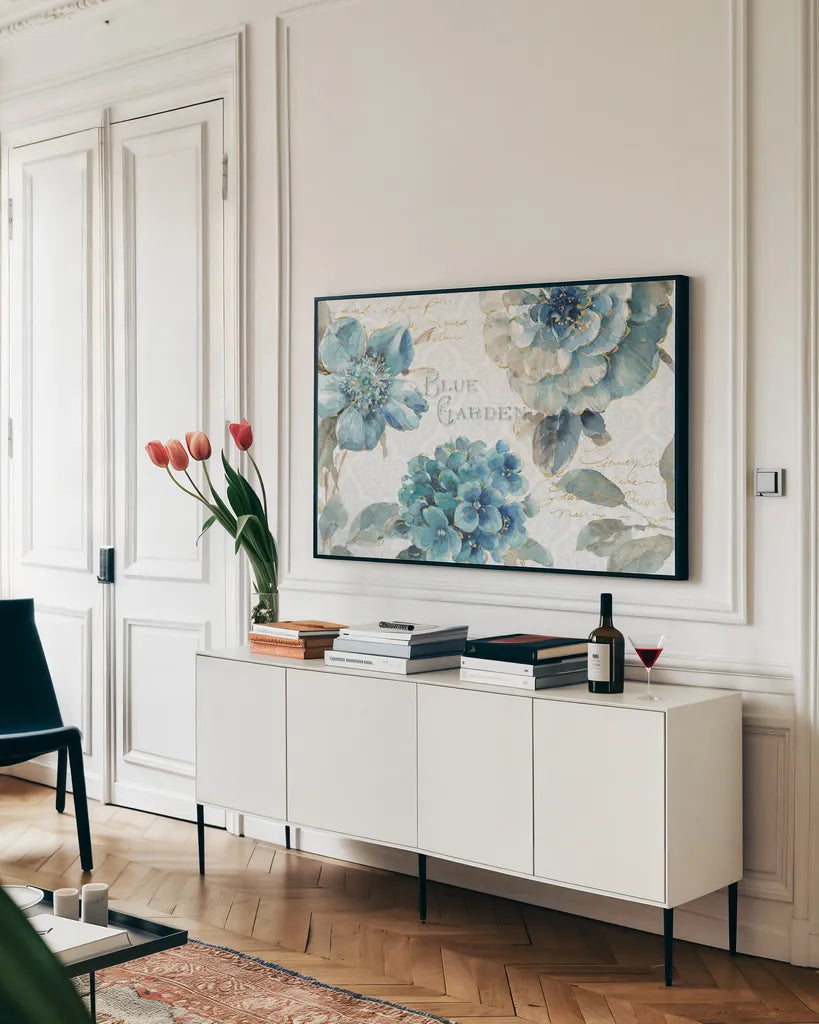 Indigold I by Lisa Audit. shown as a framed stretched canvas in a living room above a console. Available as a archival giclee rolled canvas, fine art paper, or poster print. SKU 24196i.