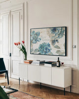 Indigold I by Lisa Audit. shown as a framed stretched canvas in a living room above a console. Available as a archival giclee rolled canvas, fine art paper, or poster print. SKU 24196i.