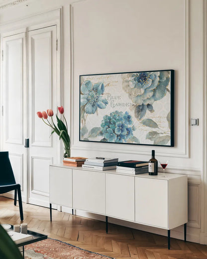 Indigold I by Lisa Audit. shown as a framed stretched canvas in a living room above a console. Available as a archival giclee rolled canvas, fine art paper, or poster print. SKU 24196i.