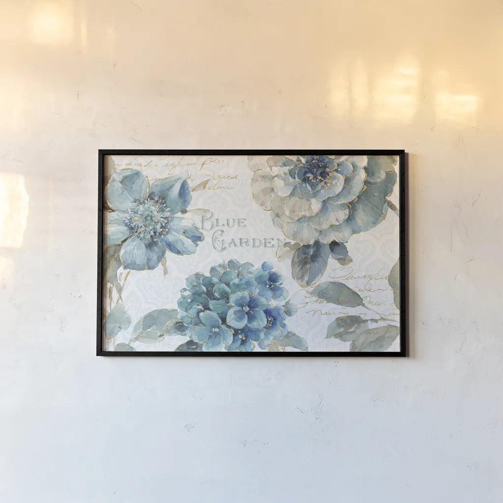 Indigold I by Lisa Audit. shown as a paper print in a black flame. Available as a archival giclee rolled canvas, fine art paper, or poster print. SKU 24196i.