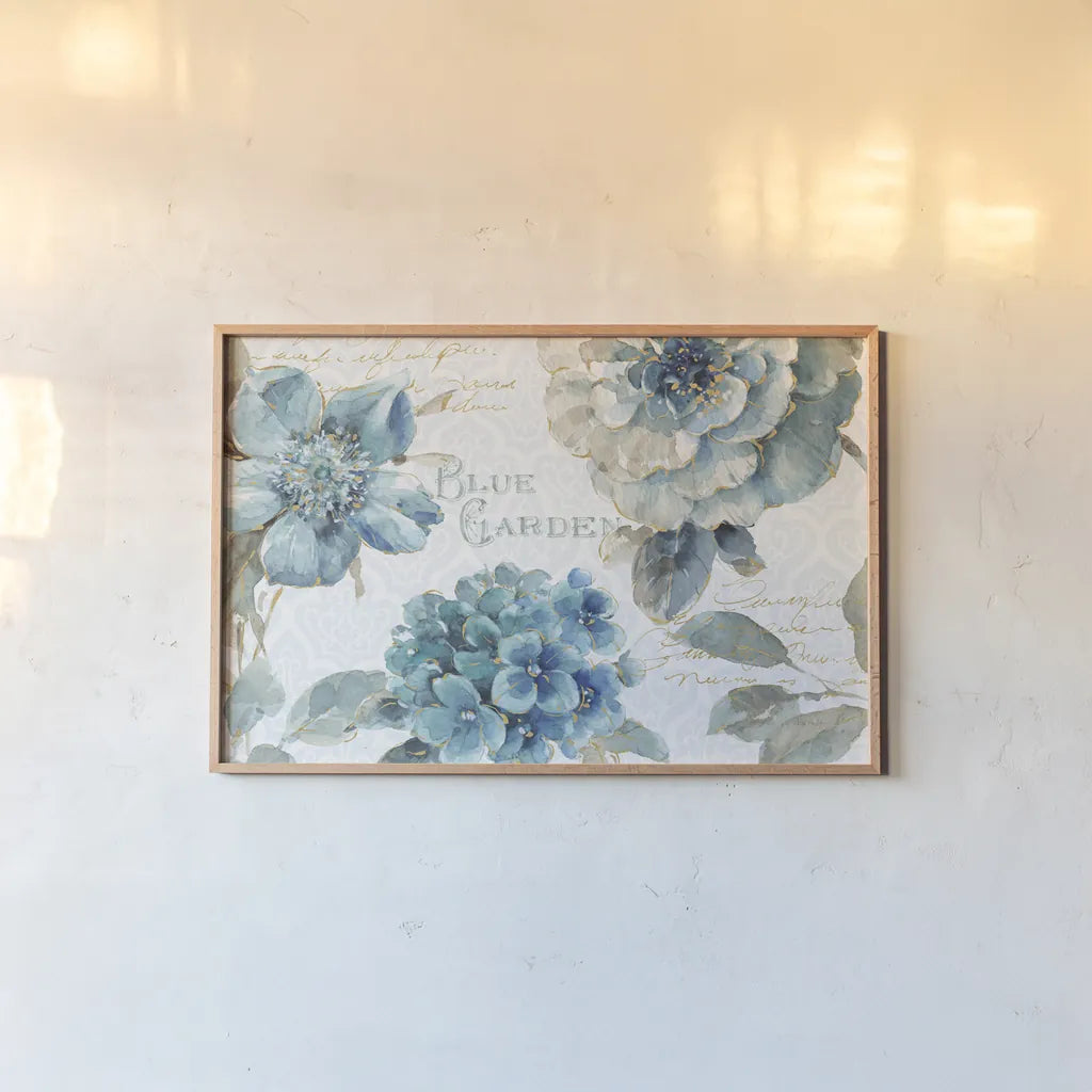 Indigold I by Lisa Audit. shown as a paper print in a natural frame. Available as a archival giclee rolled canvas, fine art paper, or poster print. SKU 24196i.