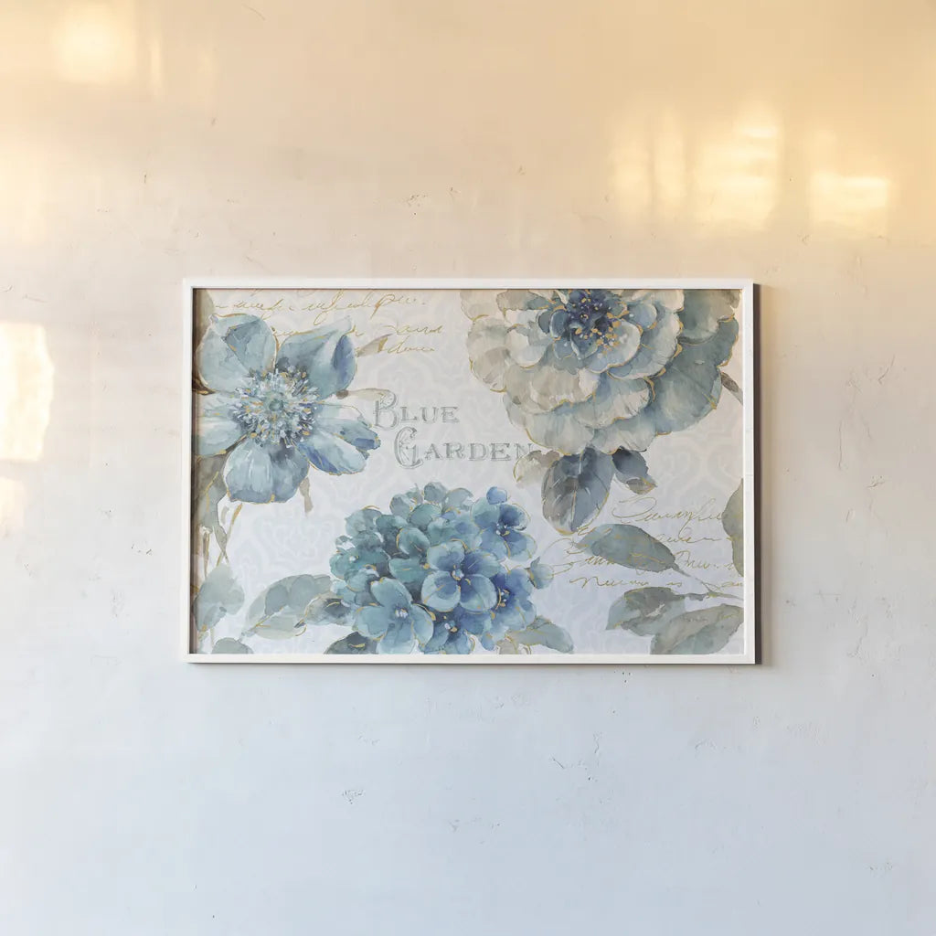 Indigold I by Lisa Audit. shown as a paper print in a white frame. Available as a archival giclee rolled canvas, fine art paper, or poster print. SKU 24196i.