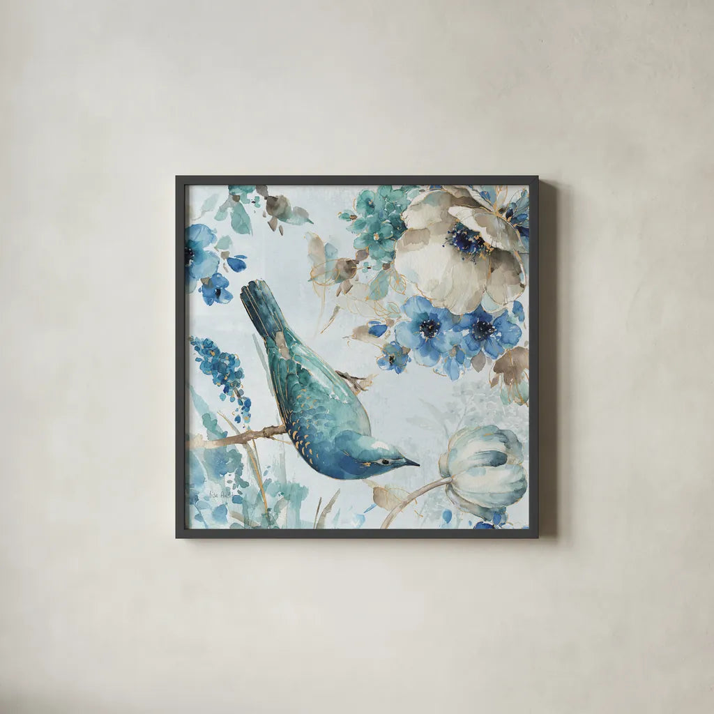 Indigold II by Lisa Audit. Shown in a sleek black glass frame for a contemporary gallery look. Available as an archival giclee rolled canvas, fine art paper, or poster print. SKU 24197a.