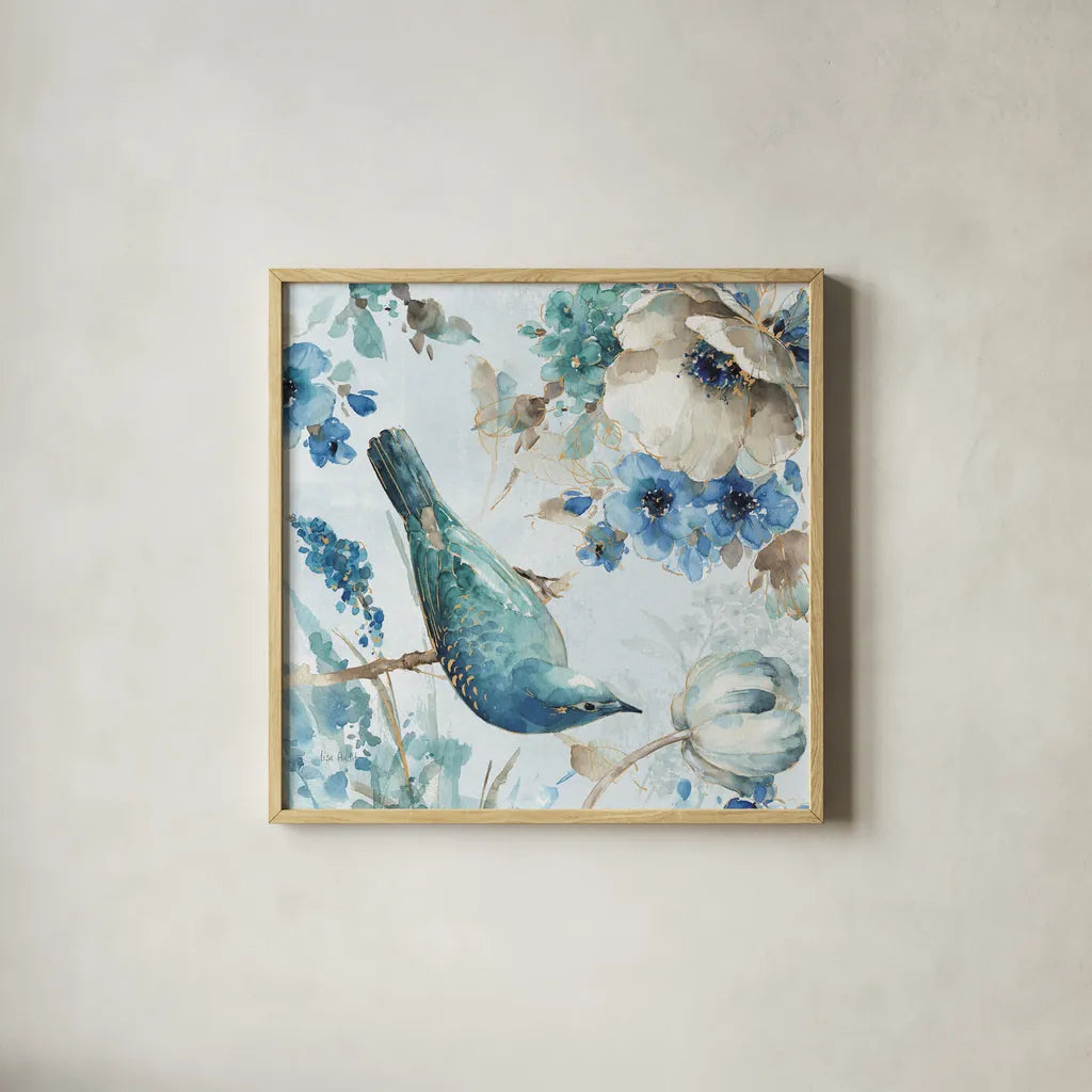 Indigold II by Lisa Audit. Shown in a natural wood glass frame for a timeless modern aesthetic. Available as an archival giclee rolled canvas, fine art paper, or poster print. SKU 24197a.