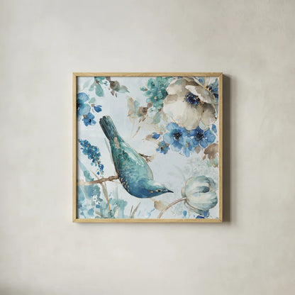 Indigold II by Lisa Audit. Shown in a natural wood glass frame for a timeless modern aesthetic. Available as an archival giclee rolled canvas, fine art paper, or poster print. SKU 24197a.