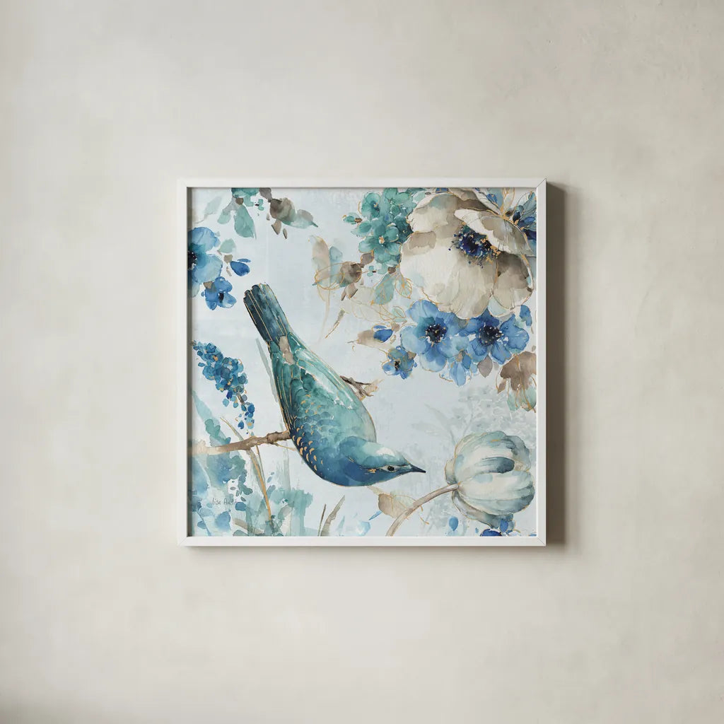 Indigold II by Lisa Audit. Shown in a crisp white glass frame for a clean and minimalist style. Available as an archival giclee rolled canvas, fine art paper, or poster print. SKU 24197a.