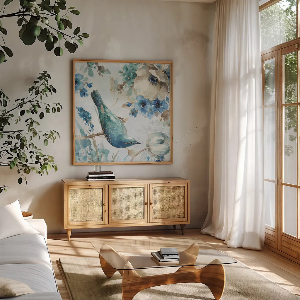 Indigold II by Lisa Audit. Shown in a natural wood frame in a cozy modern living room. Available as an archival giclee rolled canvas, fine art paper, or poster print. SKU 24197a.