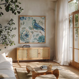 Indigold III by Lisa Audit. Shown in a natural wood frame in a cozy modern living room. Available as an archival giclee rolled canvas, fine art paper, or poster print. SKU 24198a.