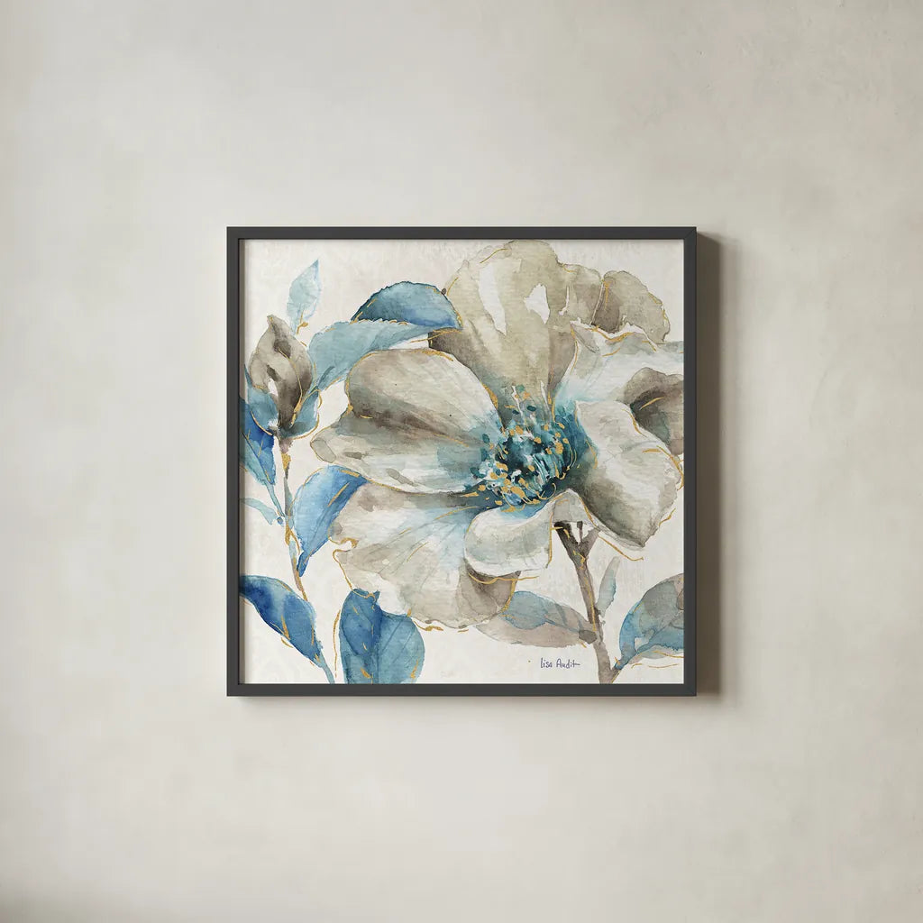 Indigold IV by Lisa Audit. Shown in a sleek black glass frame for a contemporary gallery look. Available as an archival giclee rolled canvas, fine art paper, or poster print. SKU 24199a.