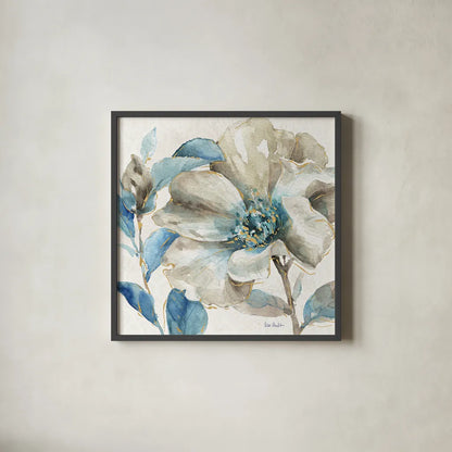 Indigold IV by Lisa Audit. Shown in a sleek black glass frame for a contemporary gallery look. Available as an archival giclee rolled canvas, fine art paper, or poster print. SKU 24199a.