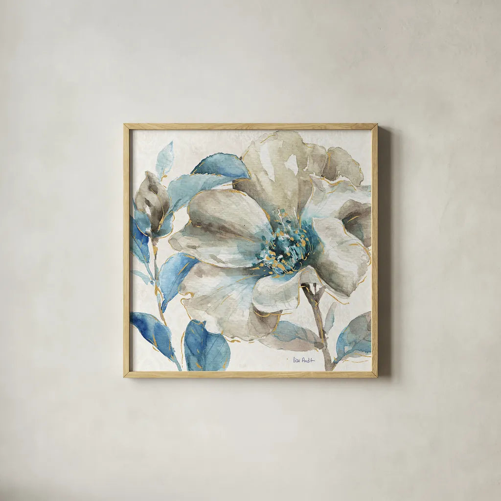 Indigold IV by Lisa Audit. Shown in a natural wood glass frame for a timeless modern aesthetic. Available as an archival giclee rolled canvas, fine art paper, or poster print. SKU 24199a.
