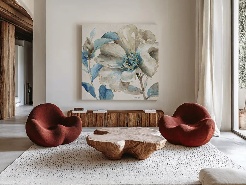 Indigold IV by Lisa Audit. Shown as extra-large giant wall art in a modern living room. Available as an archival giclee rolled canvas, fine art paper, or poster print. SKU 24199a.