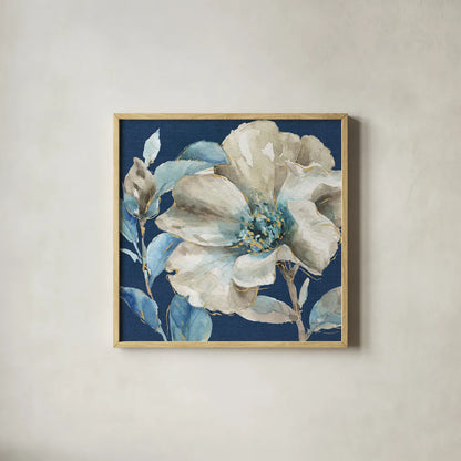 Indigold IV Navy by Lisa Audit. Shown in a natural wood glass frame for a timeless modern aesthetic. Available as an archival giclee rolled canvas, fine art paper, or poster print. SKU 43076a.
