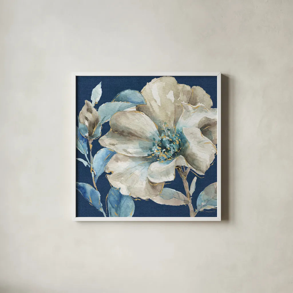 Indigold IV Navy by Lisa Audit. Shown in a crisp white glass frame for a clean and minimalist style. Available as an archival giclee rolled canvas, fine art paper, or poster print. SKU 43076a.