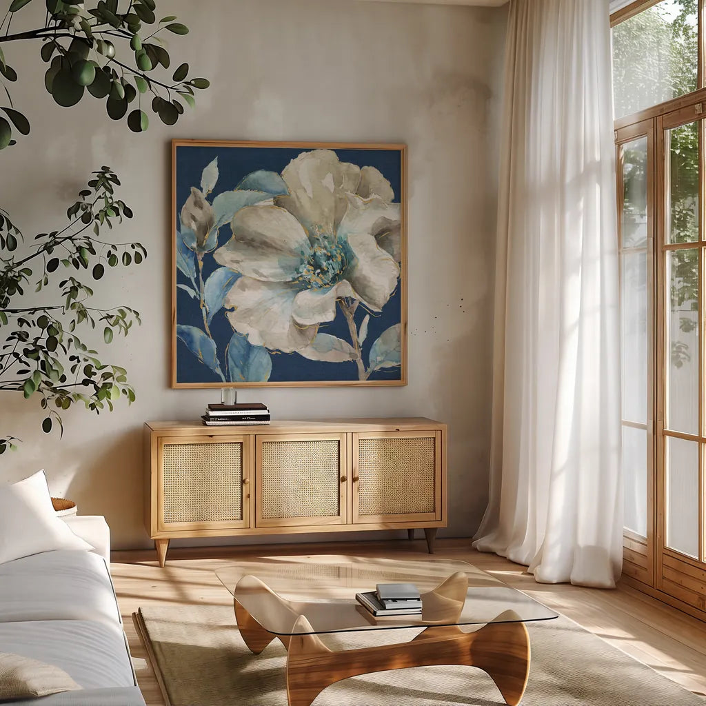 Indigold IV Navy by Lisa Audit. Shown in a natural wood frame in a cozy modern living room. Available as an archival giclee rolled canvas, fine art paper, or poster print. SKU 43076a.