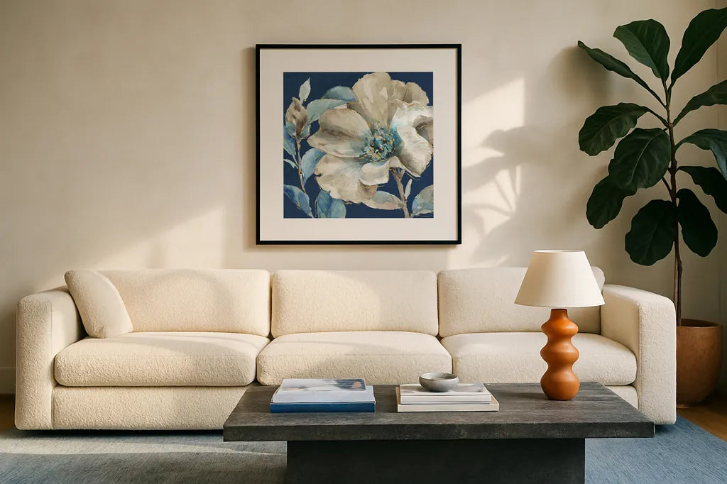 Indigold IV Navy by Lisa Audit. Displayed in a glass frame with matte in a clean modern living room. Available as an archival giclee rolled canvas, fine art paper, or poster print. SKU 43076a.