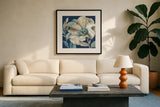 Indigold IV Navy by Lisa Audit. Displayed in a glass frame with matte in a clean modern living room. Available as an archival giclee rolled canvas, fine art paper, or poster print. SKU 43076a.
