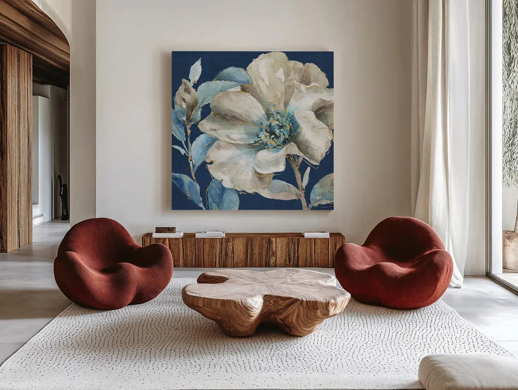 Indigold IV Navy by Lisa Audit. Shown as extra-large giant wall art in a modern living room. Available as an archival giclee rolled canvas, fine art paper, or poster print. SKU 43076a.