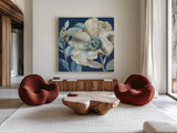 Indigold IV Navy by Lisa Audit. Shown as extra-large giant wall art in a modern living room. Available as an archival giclee rolled canvas, fine art paper, or poster print. SKU 43076a.