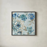 Indigold IX by Lisa Audit. Shown in a sleek black glass frame for a contemporary gallery look. Available as an archival giclee rolled canvas, fine art paper, or poster print. SKU 24204a.