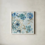 Indigold IX by Lisa Audit. Shown in a crisp white glass frame for a clean and minimalist style. Available as an archival giclee rolled canvas, fine art paper, or poster print. SKU 24204a.