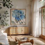 Indigold V by Lisa Audit. Shown in a natural wood frame in a cozy modern living room. Available as an archival giclee rolled canvas, fine art paper, or poster print. SKU 24200a.