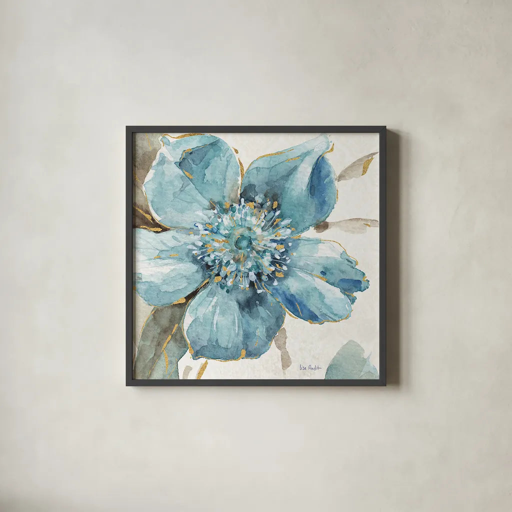 Indigold VI by Lisa Audit. Shown in a sleek black glass frame for a contemporary gallery look. Available as an archival giclee rolled canvas, fine art paper, or poster print. SKU 24201a.